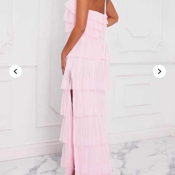 Fun & Flirty Pink tiered tool maxi dress with halter tie - Picture 3 of 6